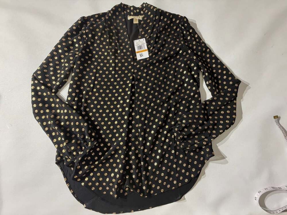 Michael Kors S Black Gold MK Logo Dot Blouse Long Sleeve NWT Designer Y2K Chic